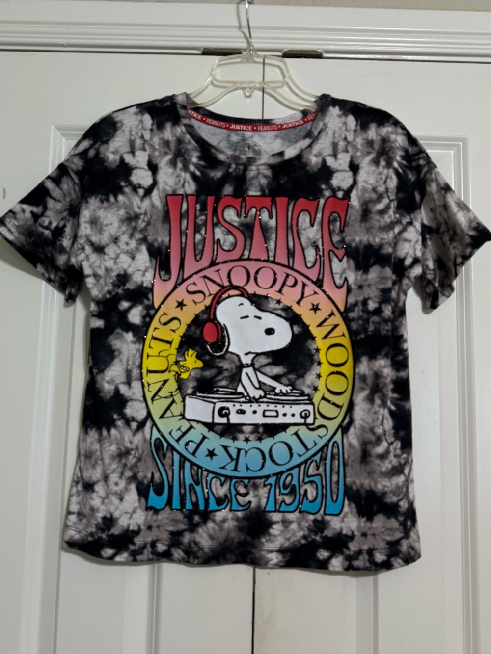 Justice Snoopy SZ 12/14 Black & White Tie-dye Short Sleeve Tee Cotton Peanuts